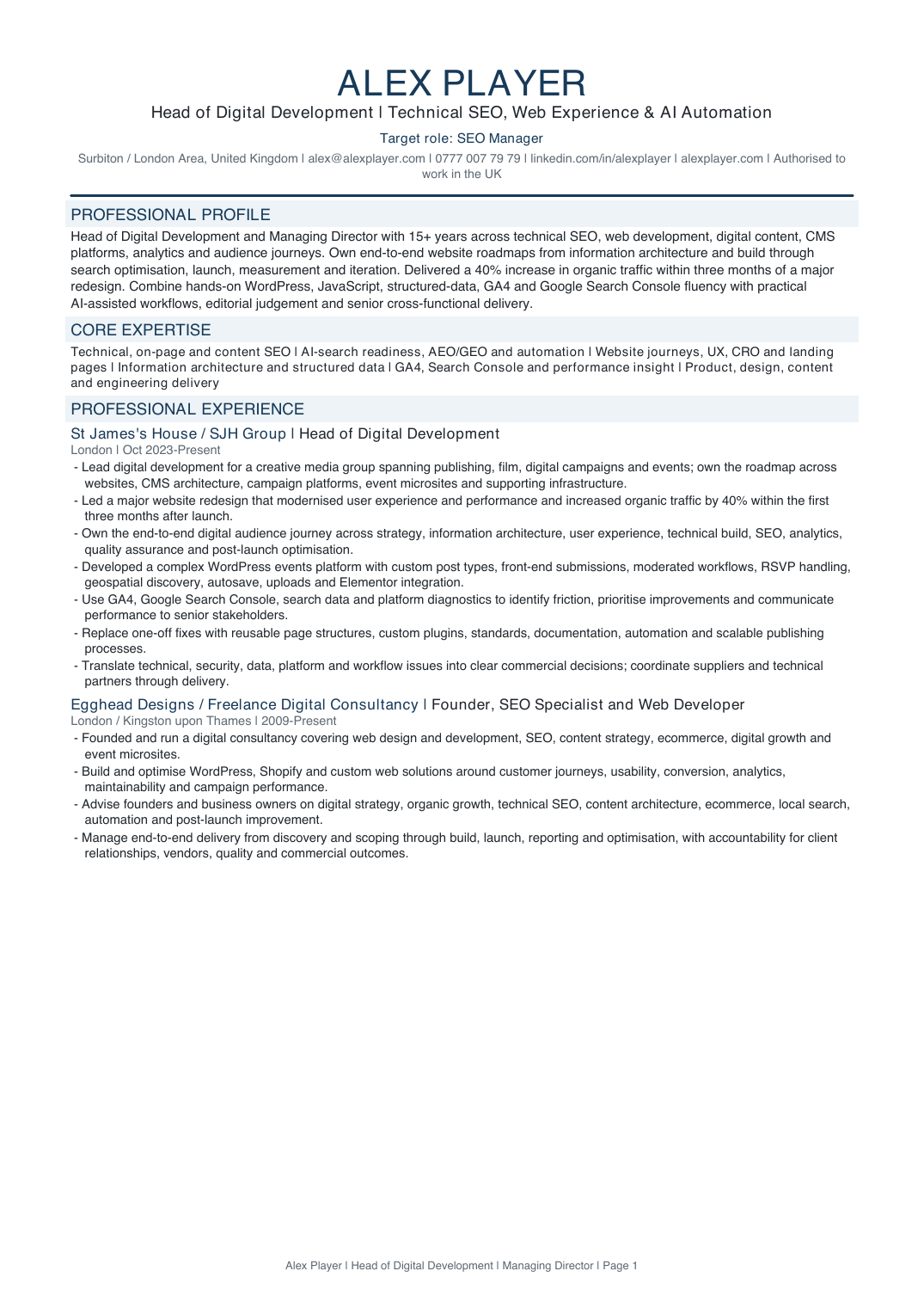 First page of an agent-prepared role-specific CV for an SEO Manager application